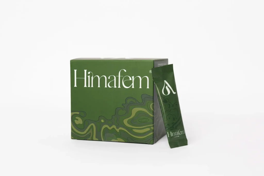 Caja de Himafem con un stick individual del complemento alimenticio natural.